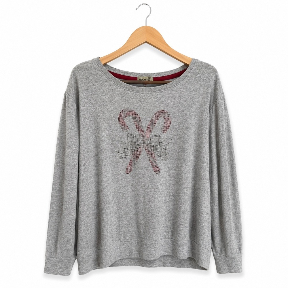One World Womens Top XL Gray Beaded‎ Bling Candy Canes Bow Holiday Blouse